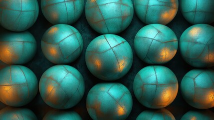 Poster - An artistic arrangement of teal spheres with golden accents creating a captivating visual pattern.