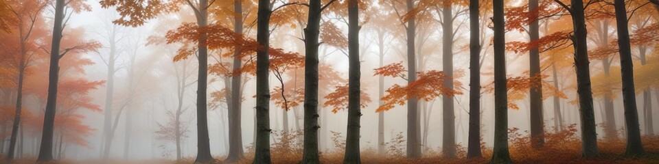 fog rolls through the forest of tall maple trees, tree, leaf