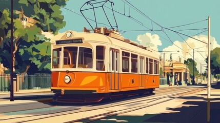 A colorful vector artwork capturing the essence of Kolkata's tram system.