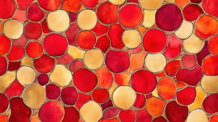 Poster - Abstract colorful pattern featuring vibrant red, orange, and gold circles, creating a lively and warm atmosphere.