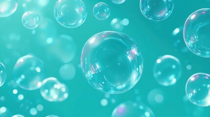 Poster - Translucent bubbles floating gracefully in a vibrant turquoise background, creating a serene and whimsical atmosphere.