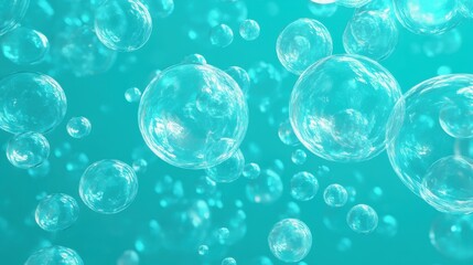 Poster - Translucent bubbles swimming through a serene turquoise background, creating a calming and refreshing atmosphere.