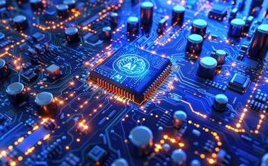 Poster - A blue circuit board featuring a glowing AI chip with a brain icon, surrounded by microcontrollers and chips. The dark background enhances the futuristic and artificial intelligence theme