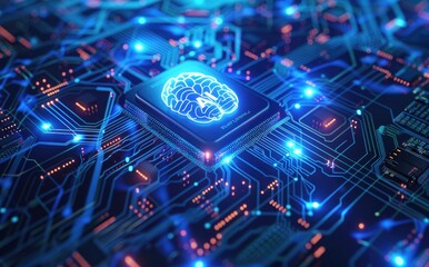Poster - AI chip with a glowing brain icon surrounded by intricate blue circuit lines, representing artificial intelligence, innovation, and advanced technology concepts