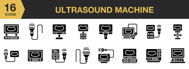 Wall Mural - Ultrasound Machine solid icon set. Includes Ultrasound, Machine, Scanner, Diagnosis, Hospital, and More. Solid icons vector collection.