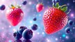 © Saud - Vibrant strawberries and blueberries floating in an abstract cosmic background with colorful bokeh effects