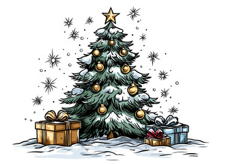 Wall Mural - a christmas tree with a star on top and presents underneath. the tree is surrounded by boxes, and th