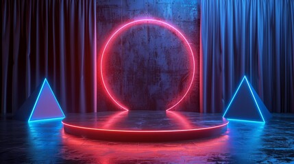 Wall Mural - neon circle and triangles on a dark stage with curtains.