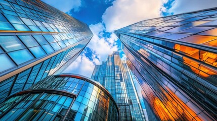 Poster - Breathtaking View of Modern Skyscrapers Reaching Toward a Bright Blue Sky with Dramatic Clouds and Reflective Glass Facades in an Urban Setting