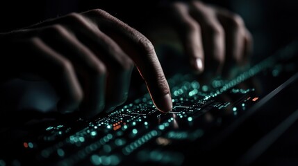 Leinwandbilder - Hands Typing on a Futuristic Keyboard with Glowing Circuit Board, Illuminated by Soft Light in a Dark Environment Showcasing Technology and Innovation
