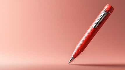 Poster - A vibrant red ballpoint pen elegantly suspended in the air against a complementary pale grayish red backdrop creating a clean and modern minimalist composition