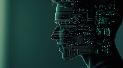 Poster - Futuristic portrait of a human profile with digital circuit patterns overlay, symbolizing technology and artificial intelligence in a creative and modern way.