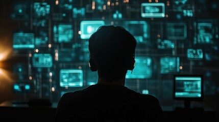 Poster - Person with Headphones Analyzing Data on Multiple Screens in a Dark Room Filled with High-Tech Interface and Visualizations in Blue and Green Tones