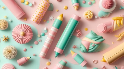 Poster - A set of vibrant highlighters in pink green and yellow floating gently above a calming pastel blended backdrop creating a serene and professional office vibe  The clean