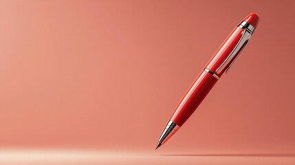 Poster - Vibrant red ballpoint pen floating in the air with soft shadows against a complementary pale grayish red toned background creating a modern and minimalist visual design