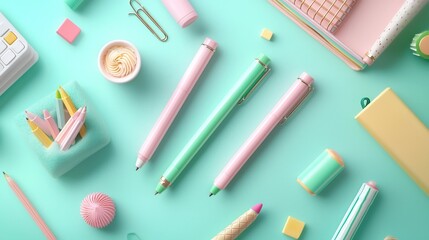 Poster - A set of vibrant highlighters in pink green and yellow floating gently against a soft pastel backdrop  This minimal and elegant office scene creates a calming and inspiring workspace