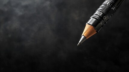 Poster - A mechanical pencil with a graphite lead visible at its tip hovering mid air against a deep slate gray gradient  The simple