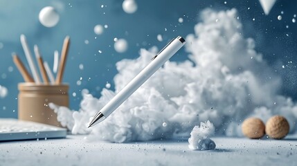Poster - Premium stylus pen for digital devices floating mid air with a clean white and tech gray background  The modern and sleek design of this writing tool makes it perfect for professional creative
