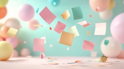 Poster - Vibrant Floating Sticky Notes Gently Suspended in Mid air Against a Serene Pastel Background Representing Organization