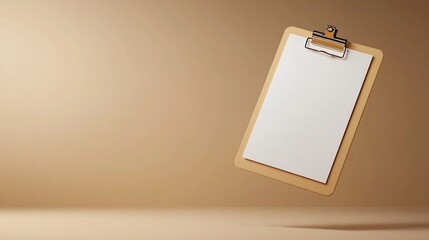 Poster - Floating clipboard with a metal clip holding clean white sheets of paper against a minimal beige gradient background  Perfect for office business or corporate design mockups and layouts