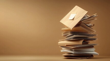 Poster - A stack of manila folders gently hovering with soft shadows and a muted earth tone background creating a serene and professional corporate atmosphere
