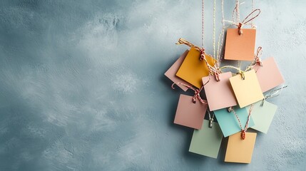 Poster - A set of index cards in assorted vibrant colors elegantly suspended mid air against a soft tranquil gray backdrop creating a minimalist and scene for design office or workspace