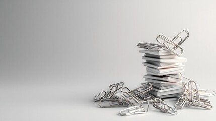 Poster - arrangement of shiny metallic silver paperclips floating against a clean white and gray gradient backdrop creating a minimalist and modern conceptual composition
