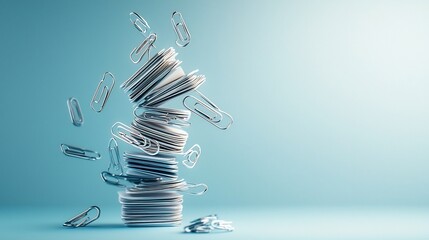 Poster - A stack of floating shiny metallic silver paperclips arranged against a clean minimalist gradient white and gray backdrop  This conceptual still life image showcases the elegant
