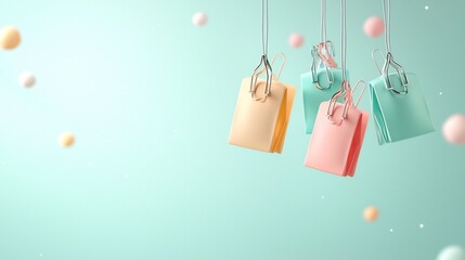 Poster - A set of vibrant binder clips suspended mid air with playful shadows against a soft pastel colored background creating a visually striking and minimalist composition