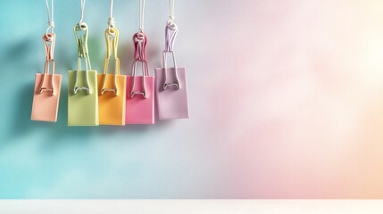 Poster - A set of vivid colorful binder clips suspended mid air with delightful shadows against a serene pastel background creating a modern minimalist composition