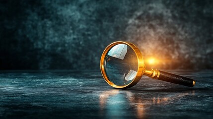 Poster - A polished magnifying glass suspended mid air its reflective capturing and refracting light against a deep charcoal gray gradient background  The levitating glass object creates a scientific