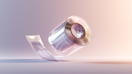 Poster - Minimalist studio shot of a shiny tape dispenser with a roll of clear tape floating mid air on a light gray gradient backdrop  The object is levitating