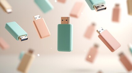 Poster - A set of colorful and arranged floating USB drives against a pale neutral gradient background showcasing a modern and minimalist digital technology display