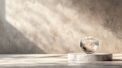 Poster - A polished glass paperweight or orb like object suspended mid air against a soft monochrome background with delicate lighting creating a captivating and minimalist still life composition