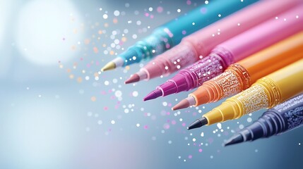 Poster - A set of colorful art markers in a floating motion creating vibrant streaks against a soft white gradient background representing creativity design and expression