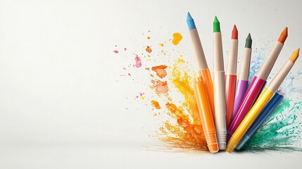 Poster - A set of art markers in floating motion creating vibrant and colorful streaks against a soft white gradient background showcasing the creative and potential of these professional drawing tools