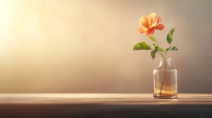 Poster - Elegant Floating Glass Vase Softly Illuminated Holding a Single Bloom Against a Serene Warm Pastel Background Evoking a Sense of Tranquility and Refined Beauty