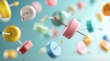 Poster - A set of colorful push pins effortlessly floating mid air set against a soothing pastel gradient background  This modern minimalist image showcases a creative abstract office or school decor concept