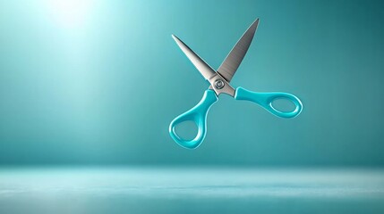 Poster - Minimalist image of a pair of sharp blue scissors floating mid air against a clean light blue backdrop showcasing a simple yet elegant studio style composition