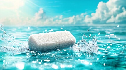 Poster - Floating rubber eraser with clean edges and soft blue reflections creating a minimalist and abstract composition that captures the elegant form and simple design of this everyday office supply
