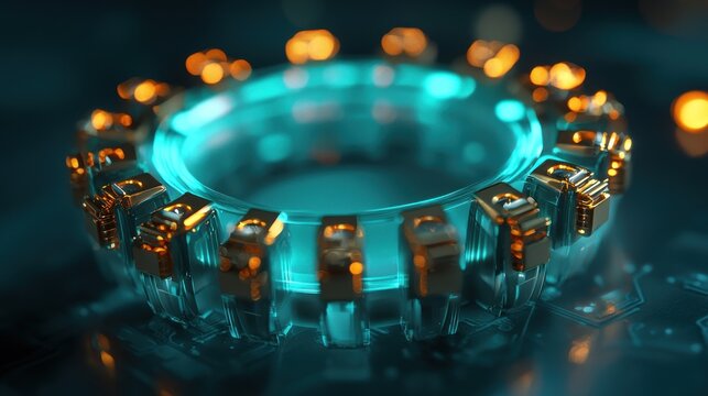 Abstract Futuristic Ring: Glowing Teal and Gold Tech Design