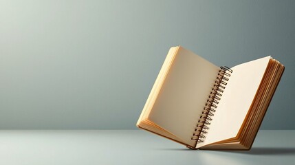 Poster - A floating open spiral notebook with blank white pages softly shadowed on a light gray background  The minimalist modern design creates a clean and elegant look perfect for showcasing stationery