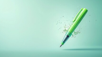 Poster - Floating Glowing Green Highlighter Pen Hovering Over Neutral Background for Office School or Business Concepts and Designs