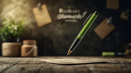 Poster - Floating Glowing Green Highlighter Pen Illuminated on Neutral Background   Minimalist Abstract and Elegant Office or School Stationery Concept