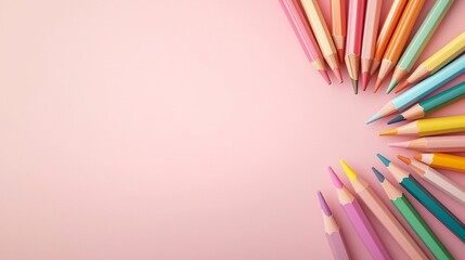 Poster - Visually striking image showcasing a set of floating color pencils arranged in a fan like shape with soft shadows adding depth and creating a captivating abstract composition