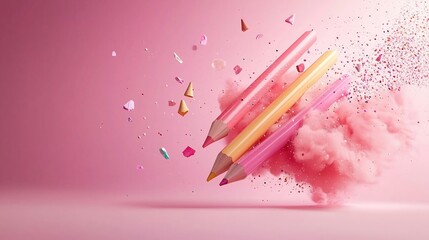 Poster - A set of floating color pencils arranged in a fan like shape with soft shadows creating a visually appealing and creative composition on a plain background