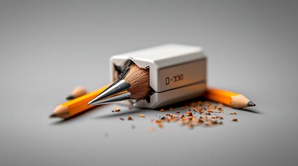 Poster - A floating pencil sharpener with a shiny metal blade softly highlighted against a simple gray background showcasing a modern and minimalist design