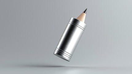 Poster - Levitating Shiny Metal Pencil Sharpener Softly Highlighted Against a Muted Gray Background Showcasing a Sleek and Minimalist Design Concept