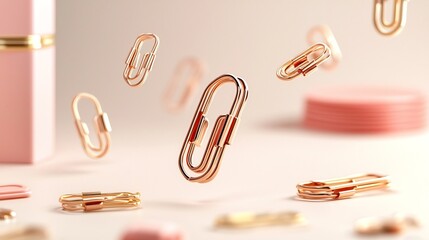 Poster - Floating Binder Clips in Various Sizes Softly Suspended on a Serene White Beige Gradient Background for Elegant and Minimalist Office or Business Decor