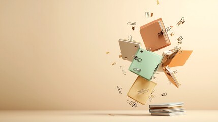 Poster - A beautifully composed set of binder clips in various sizes gently floating and suspended against a soft white beige gradient background creating a simple and elegant minimalist design
